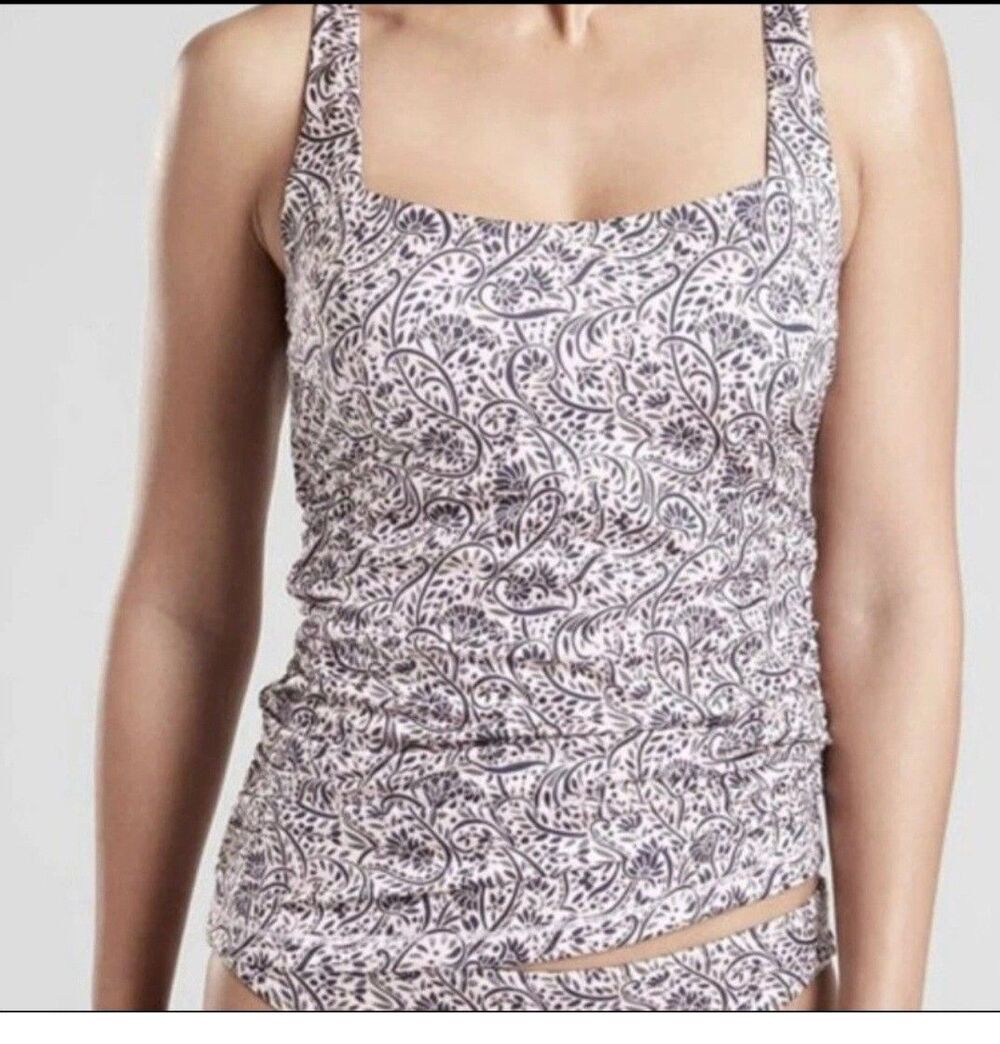 Athleta Brown & White Tankini Swim Top Aqualuxe Batik Jacobean 34D/DD Pool Beach - Picture 2 of 9